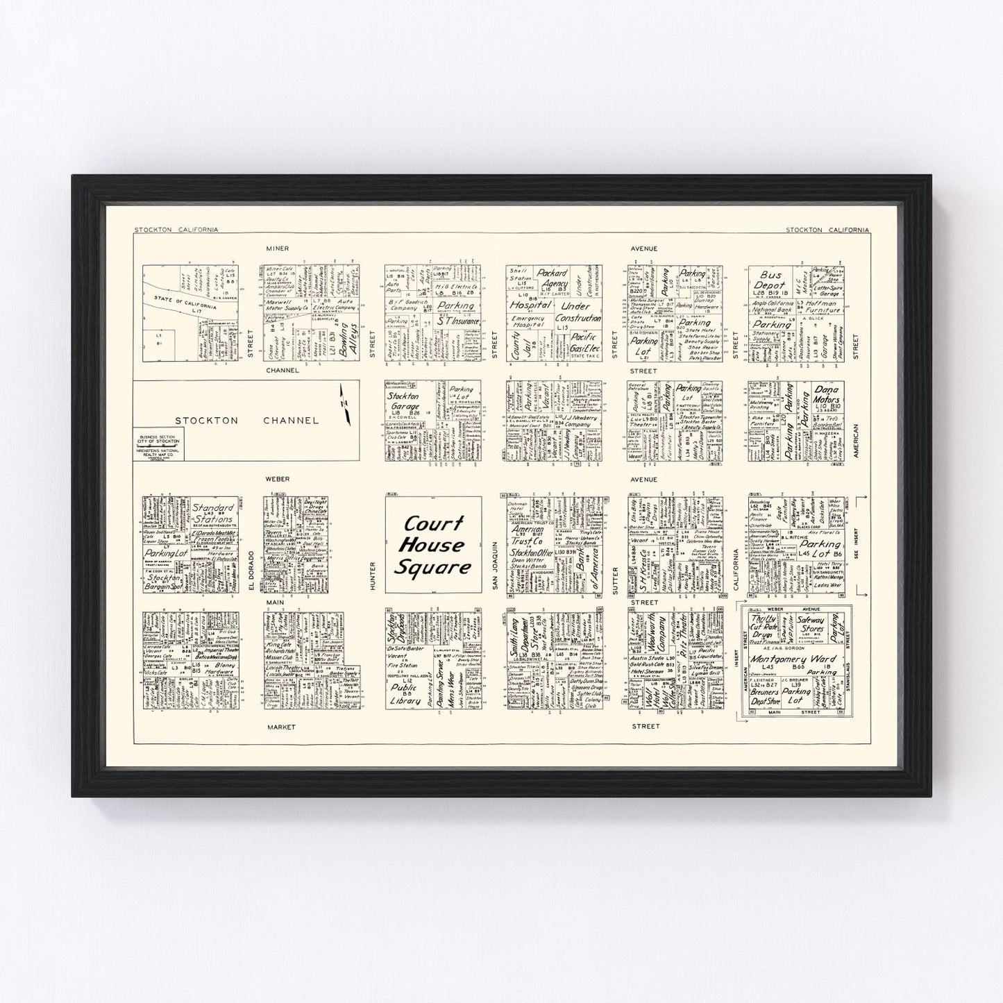 Vintage Map of Stockton, CA Business Section 1952