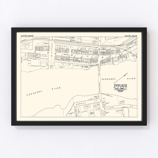 Vintage Map of Augusta, ME Business Section 1946