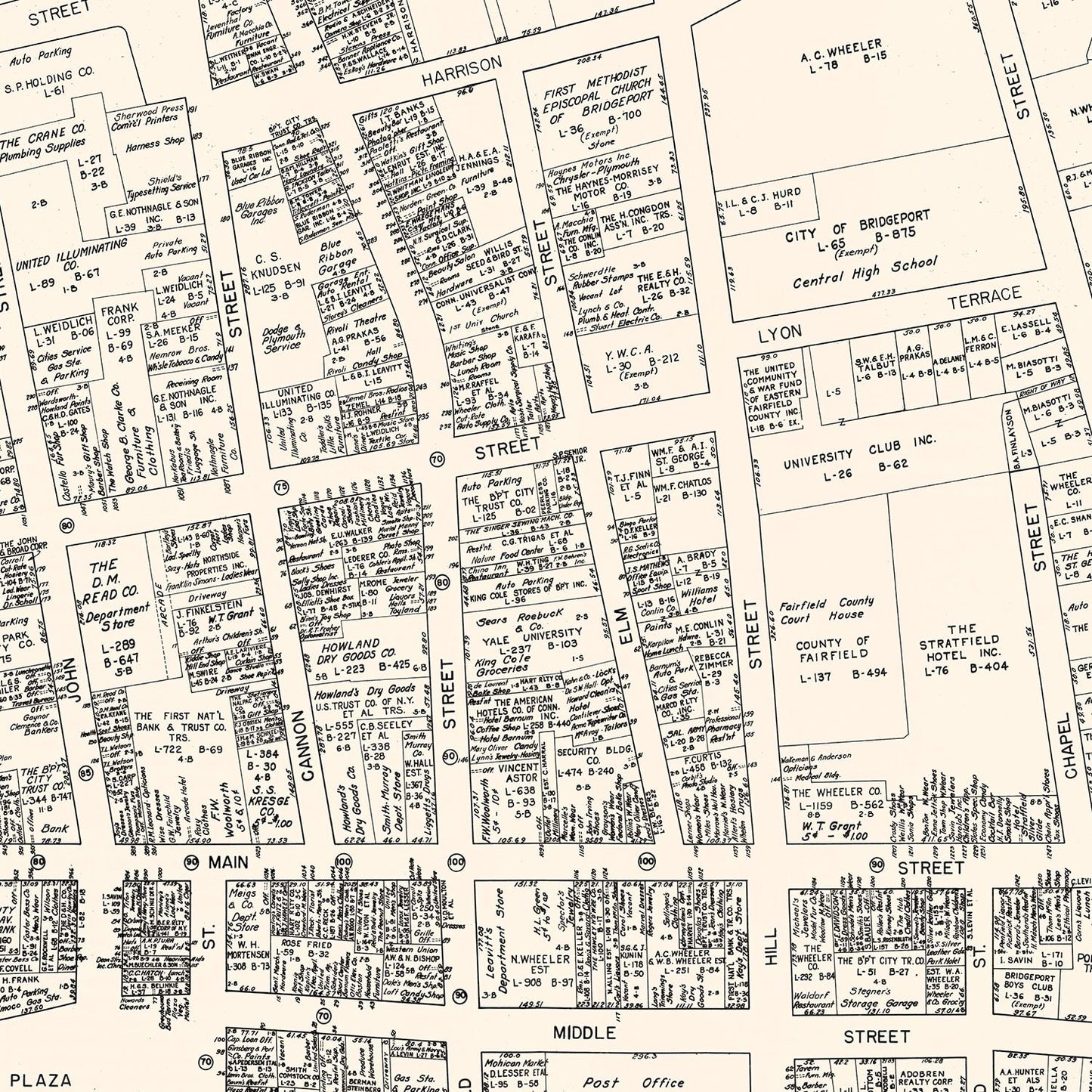 Vintage Map of Bridgeport, CT Business Section 1946