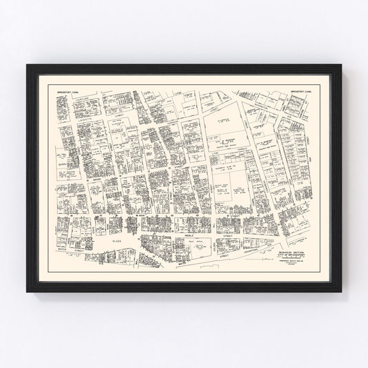 Vintage Map of Bridgeport, CT Business Section 1946