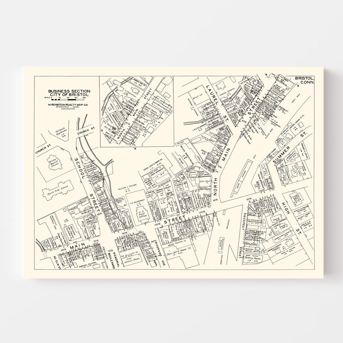 Vintage Map of Bristol, CT Business Section 1946