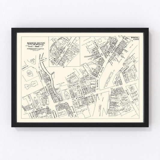 Vintage Map of Bristol, CT Business Section 1946