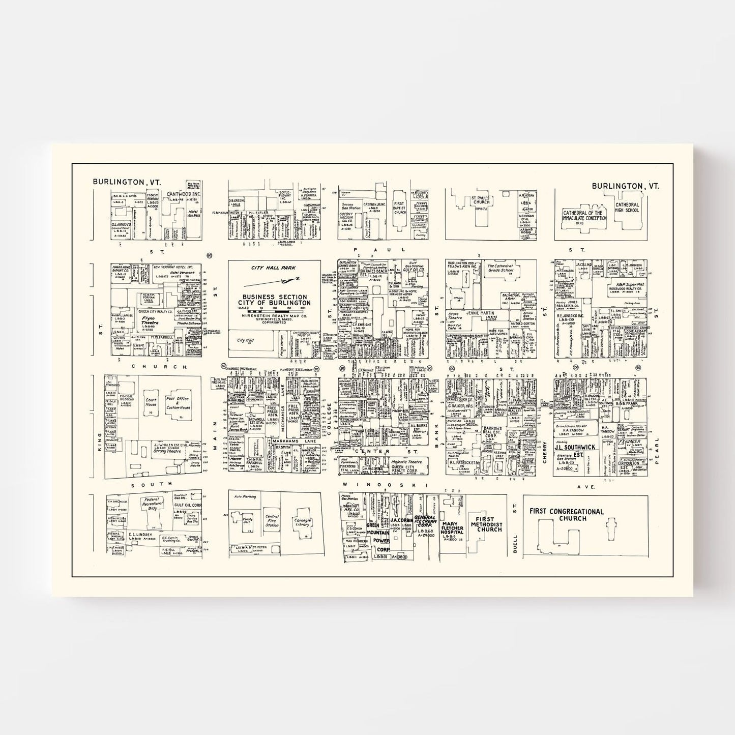 Vintage Map of Burlington, VT Business Section 1946