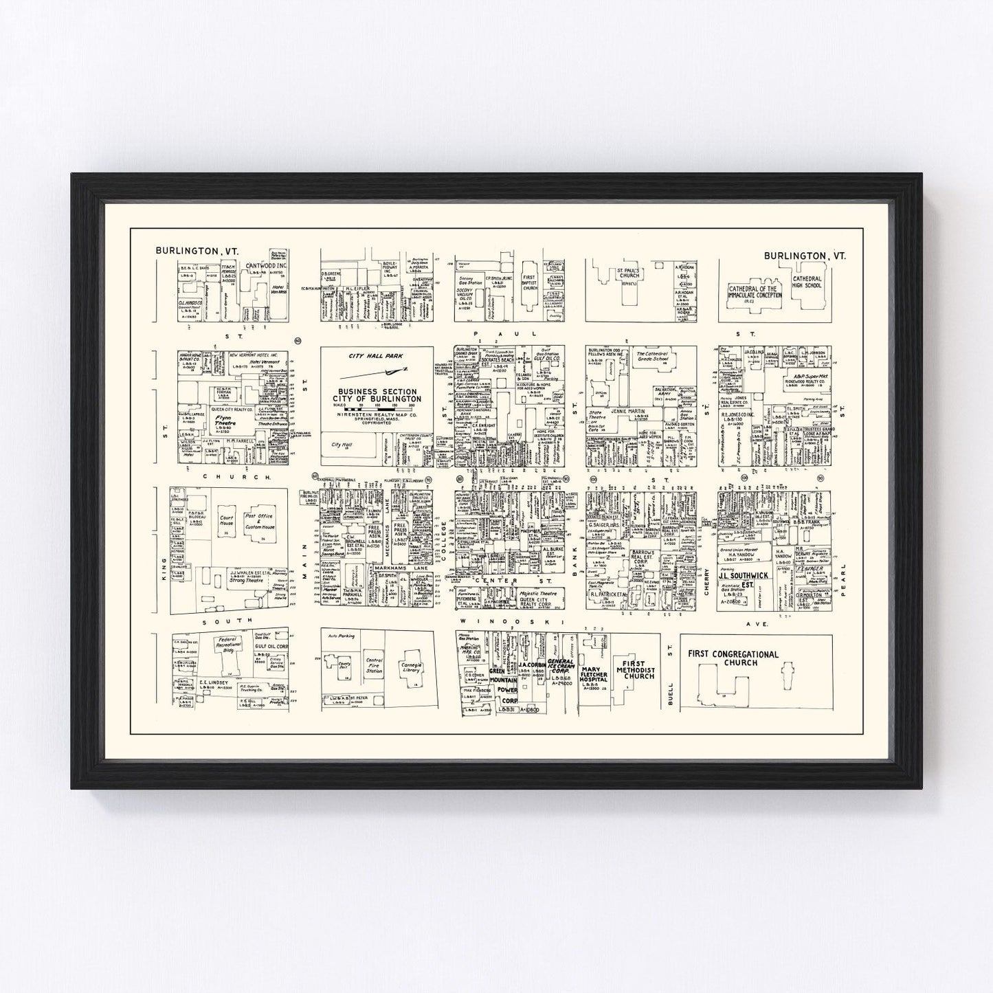 Vintage Map of Burlington, VT Business Section 1946