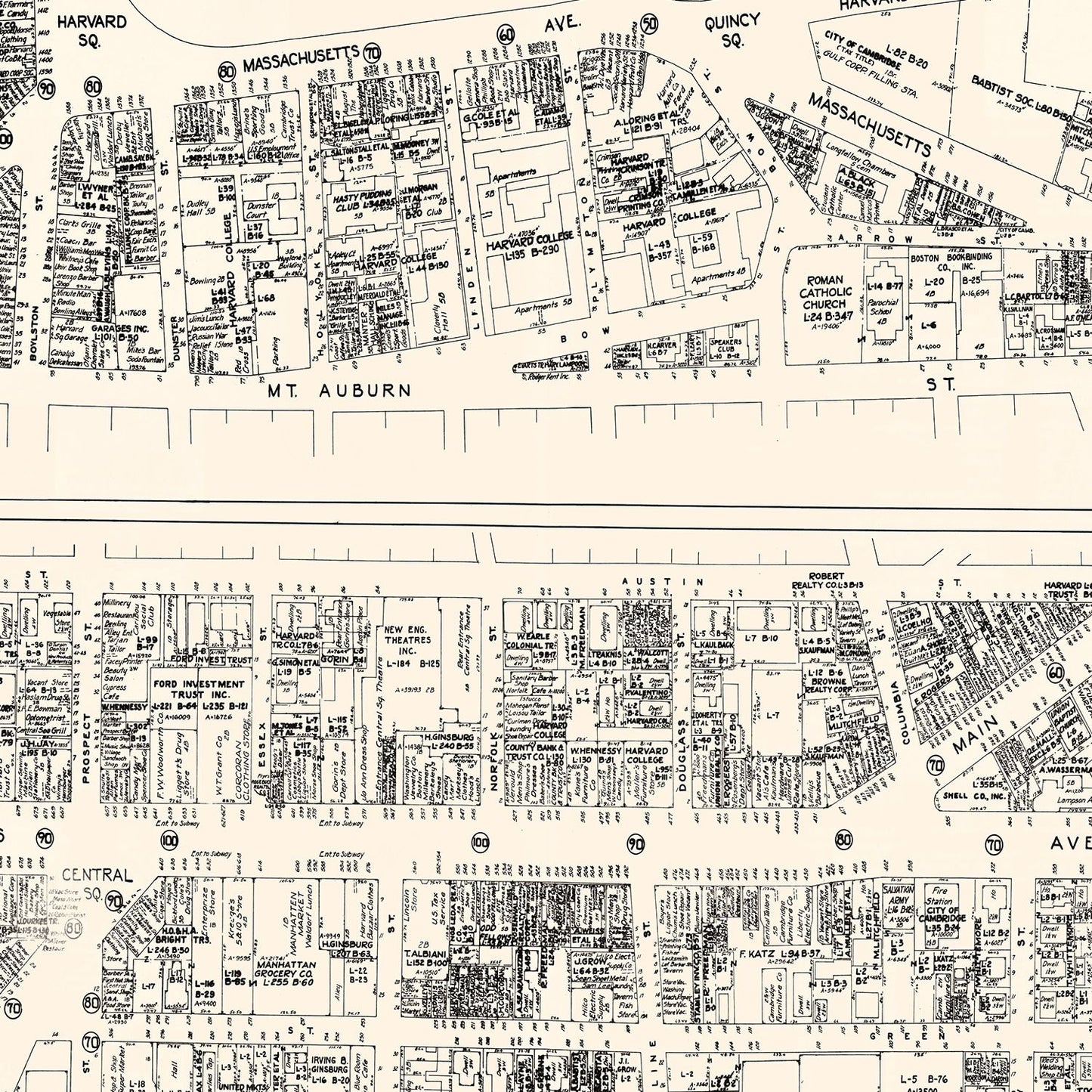 Vintage Map of Cambridge, MA Business Section 1946
