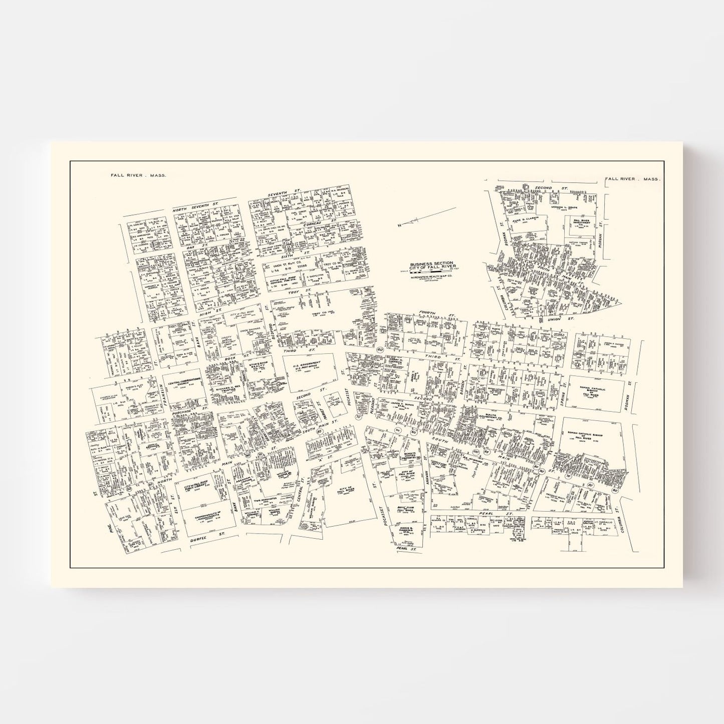 Vintage Map of Fall River, MA Business Section 1946