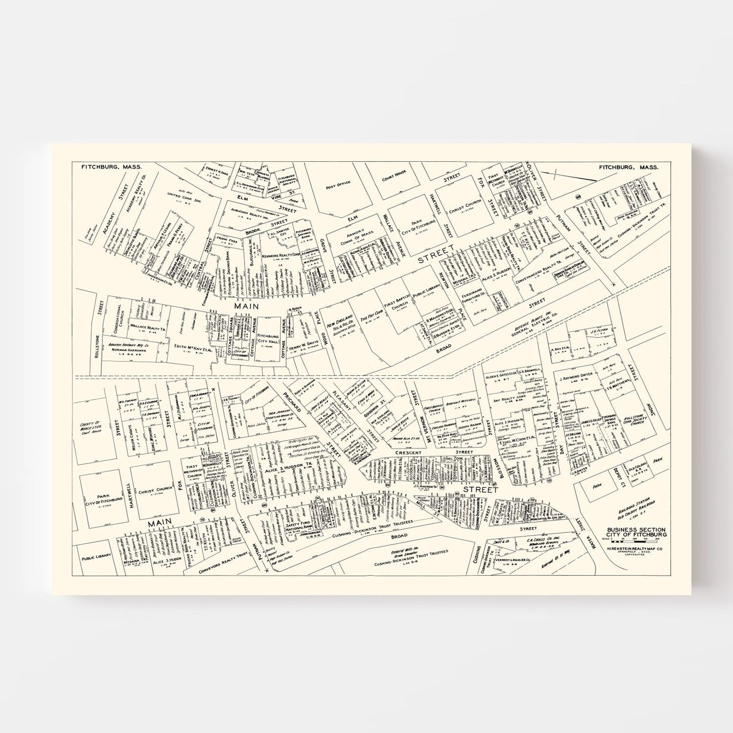 Vintage Map of Fitchburg, MA Business Section 1946