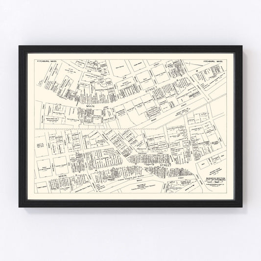 Vintage Map of Fitchburg, MA Business Section 1946