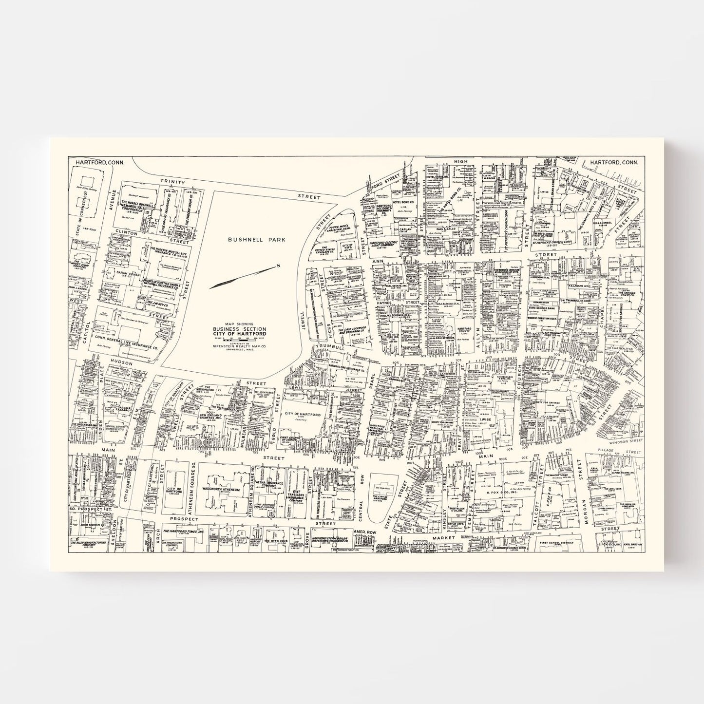 Vintage Map of Hartford, CT Business Section 1946