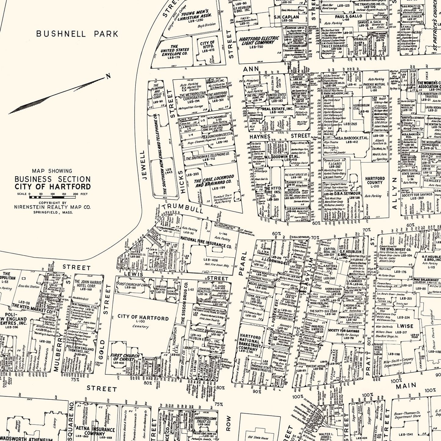 Vintage Map of Hartford, CT Business Section 1946