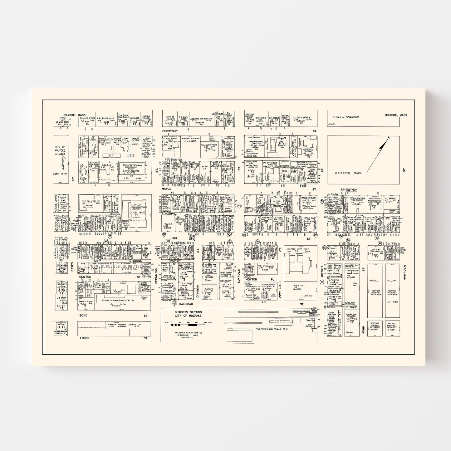 Vintage Map of Holyoke, MA Business Section 1946