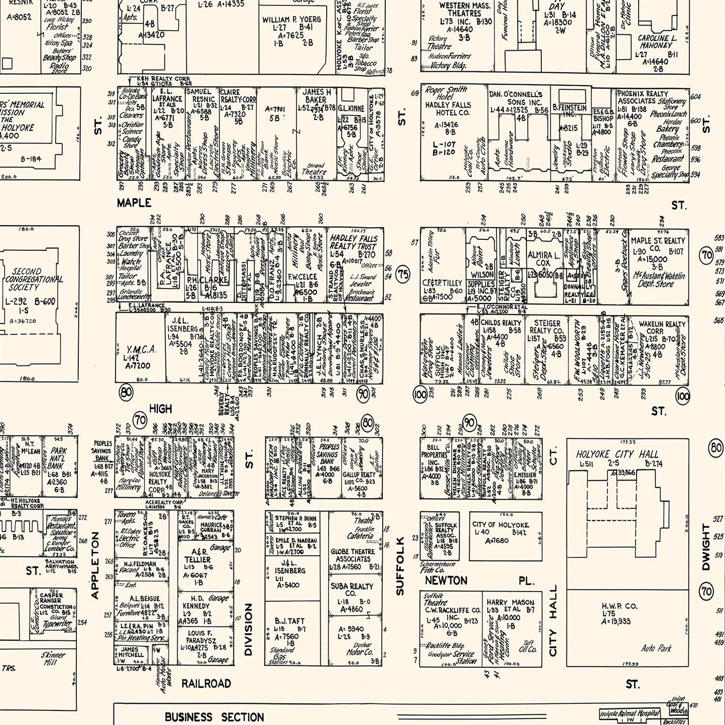 Vintage Map of Holyoke, MA Business Section 1946
