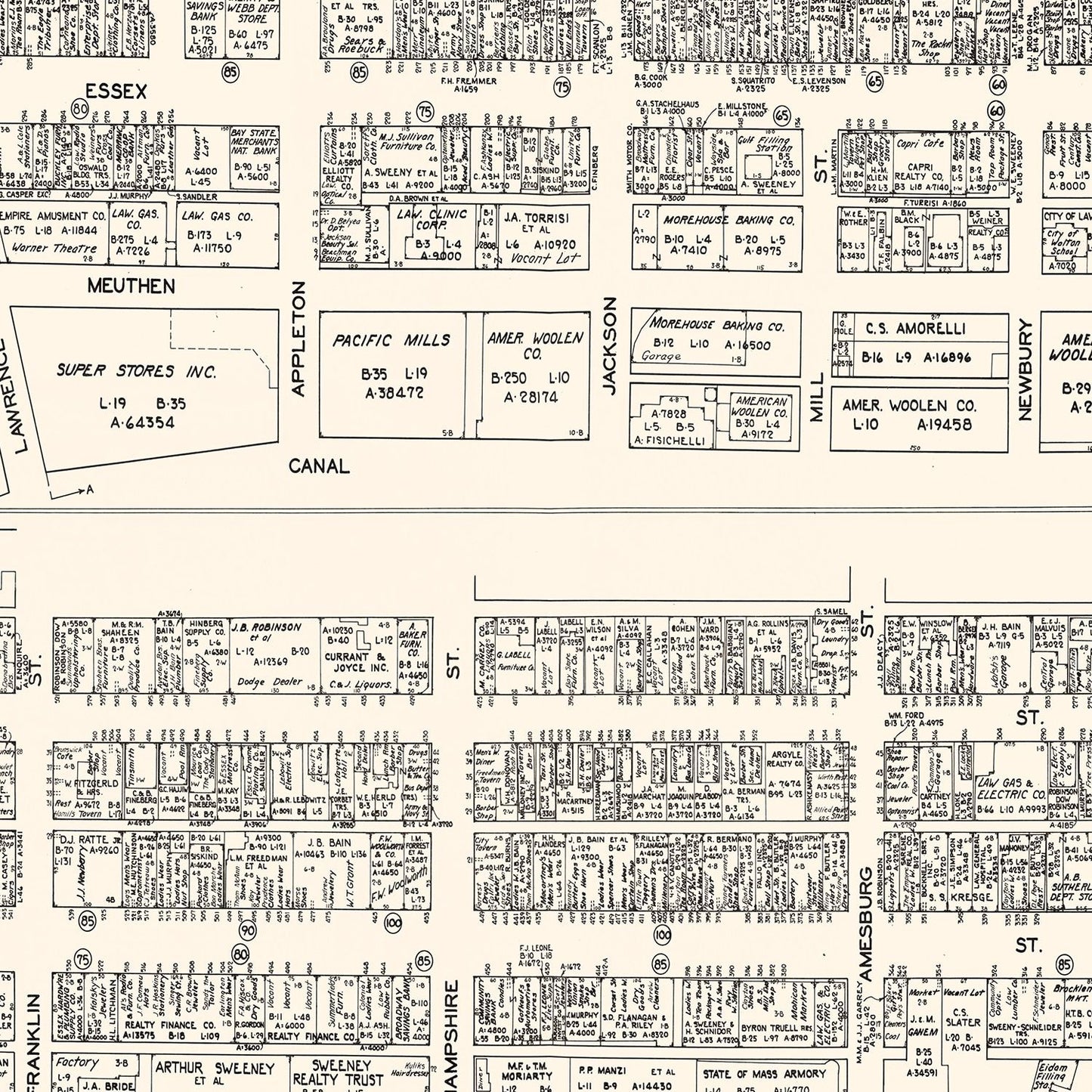 Vintage Map of Lawrence, MA Business Section 1946