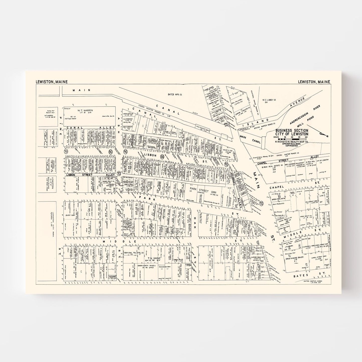 Vintage Map of Lewiston, ME Business Section 1946