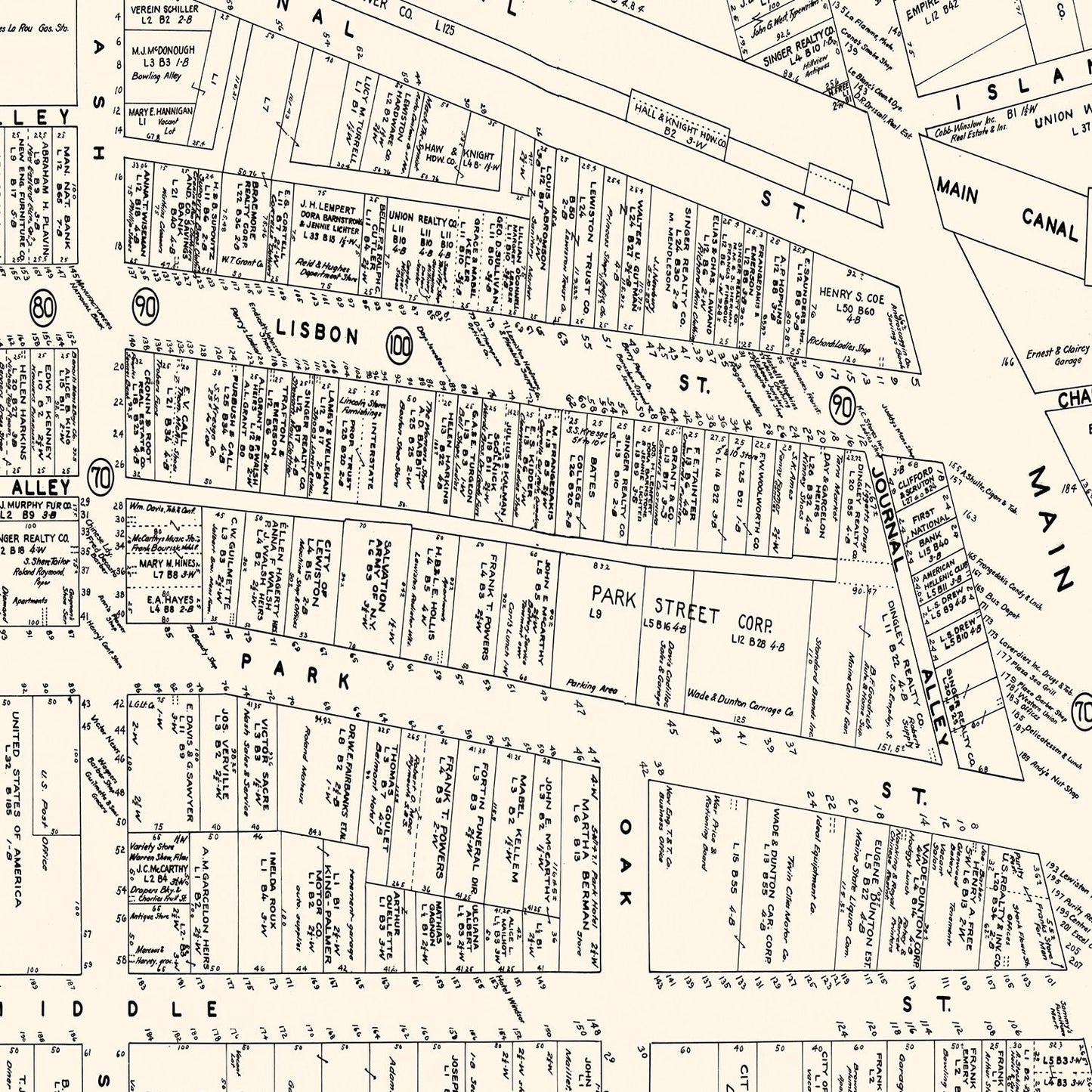 Vintage Map of Lewiston, ME Business Section 1946