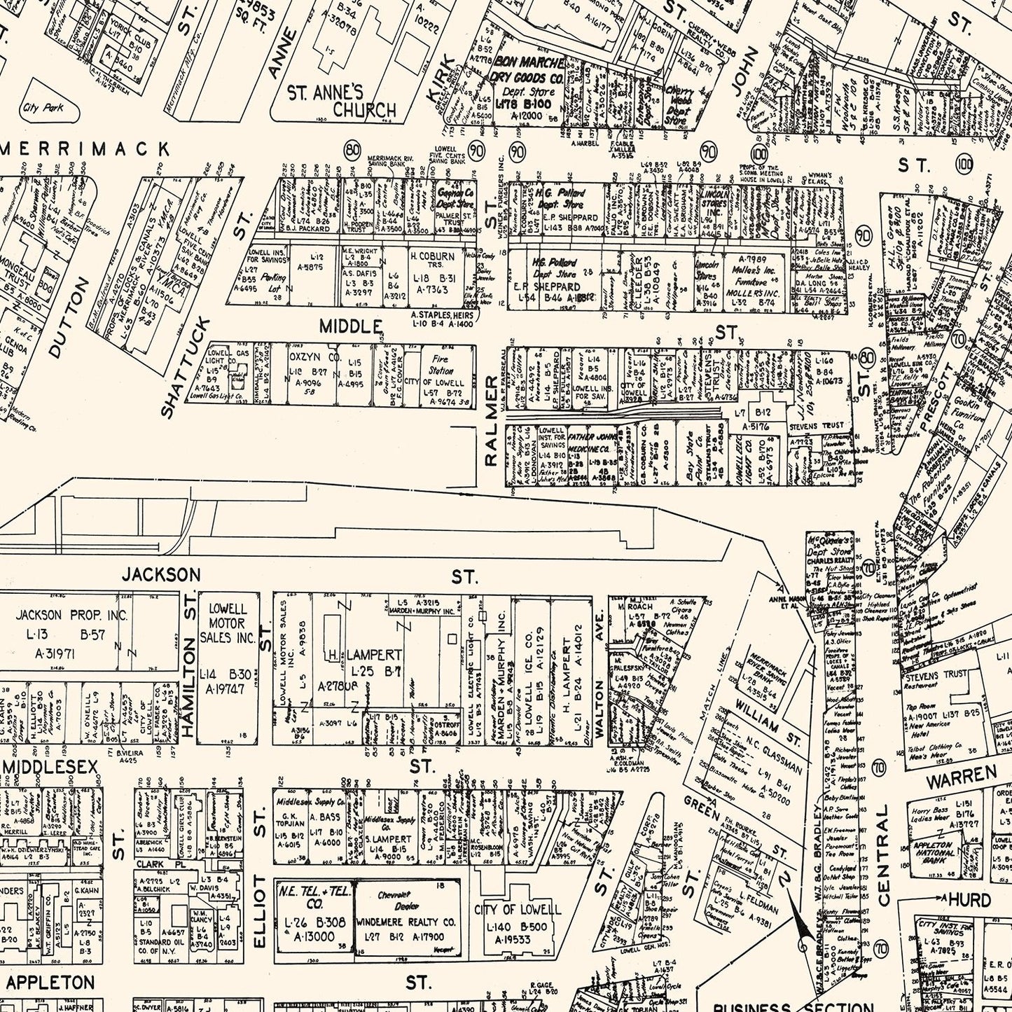 Vintage Map of Lowell, MA Business Section 1946
