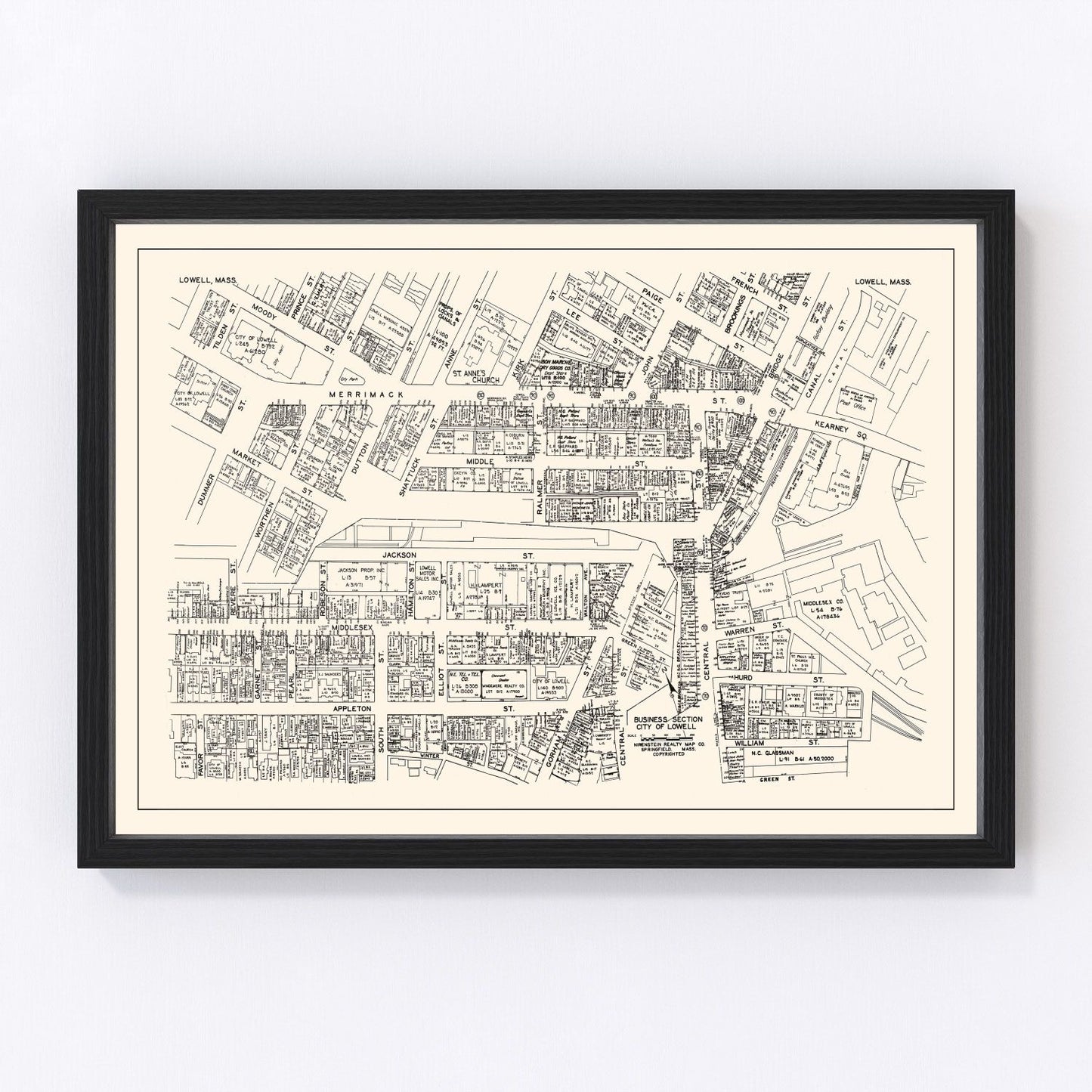 Vintage Map of Lowell, MA Business Section 1946