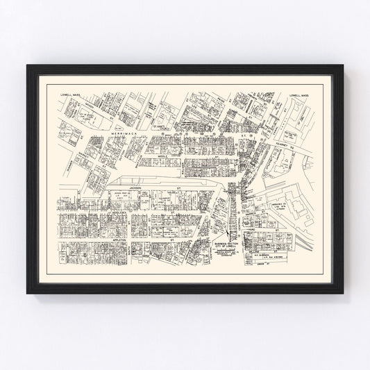 Vintage Map of Lowell, MA Business Section 1946