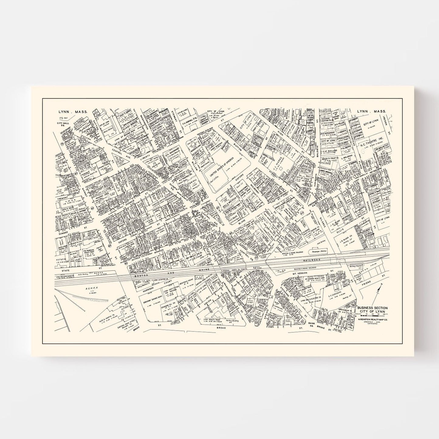 Vintage Map of Lynn, MA Business Section 1946