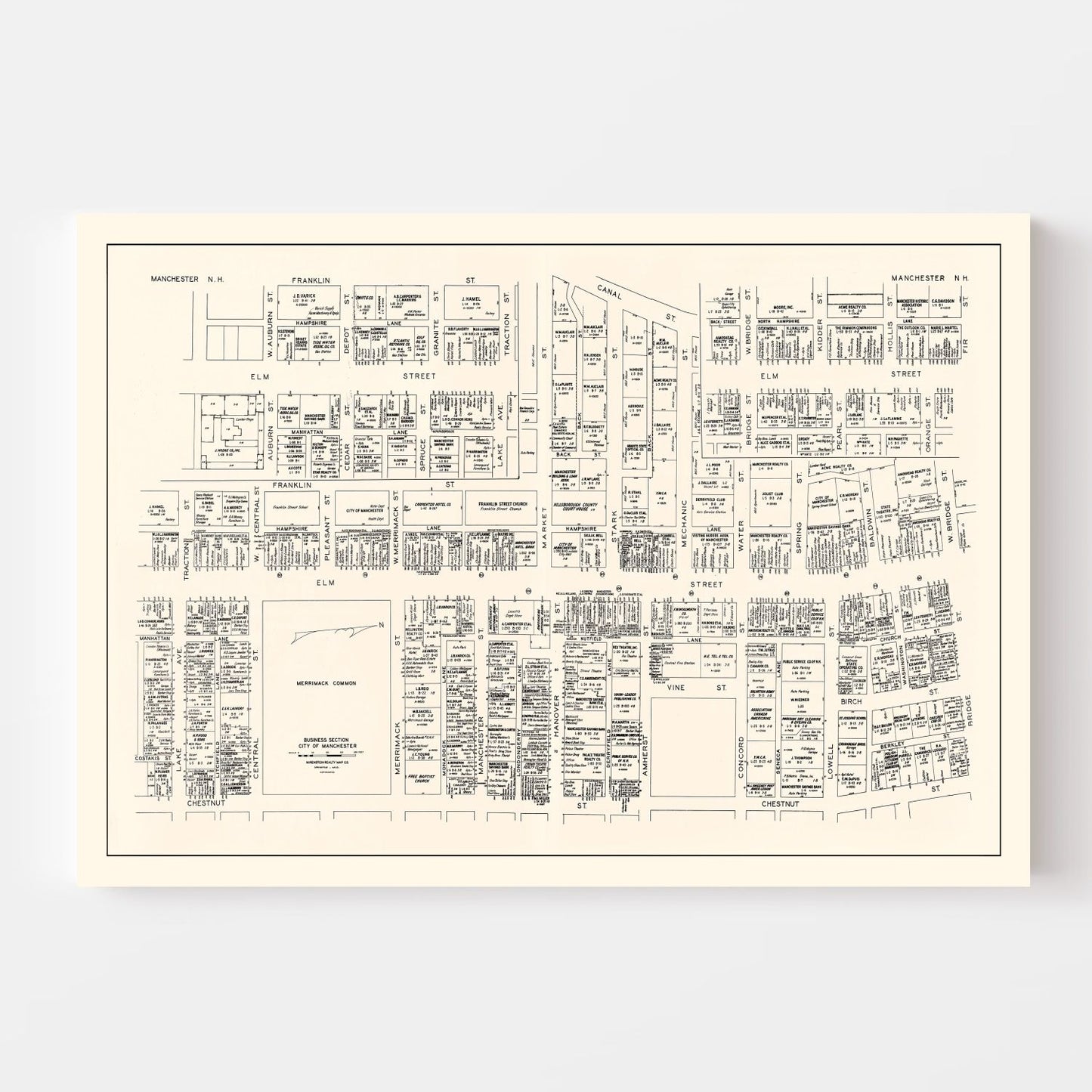 Vintage Map of Manchester, NH Business Section 1946