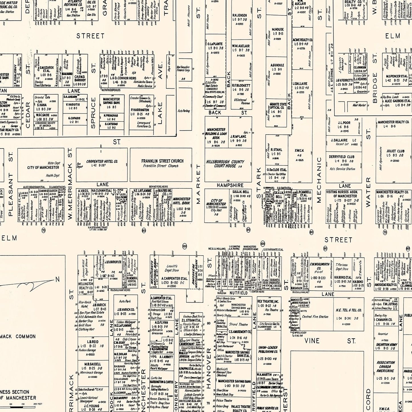 Vintage Map of Manchester, NH Business Section 1946