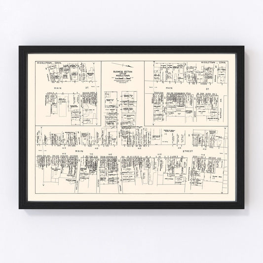 Vintage Map of Middletown, CT Business Section 1946