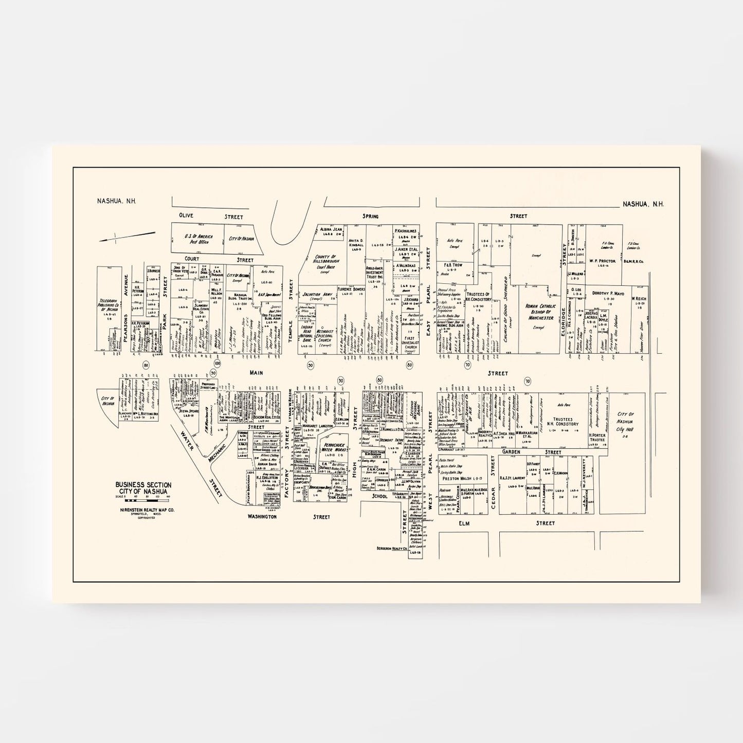 Vintage Map of Nashua, NH Business Section 1946