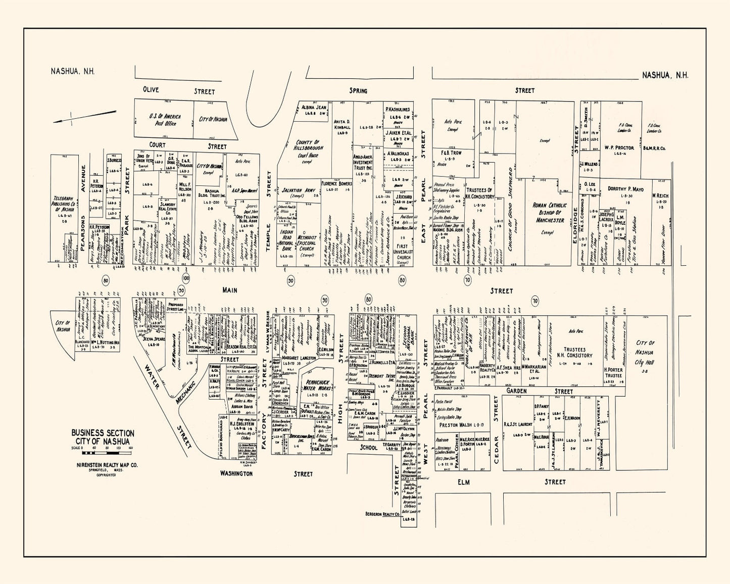 Vintage Map of Nashua, NH Business Section 1946