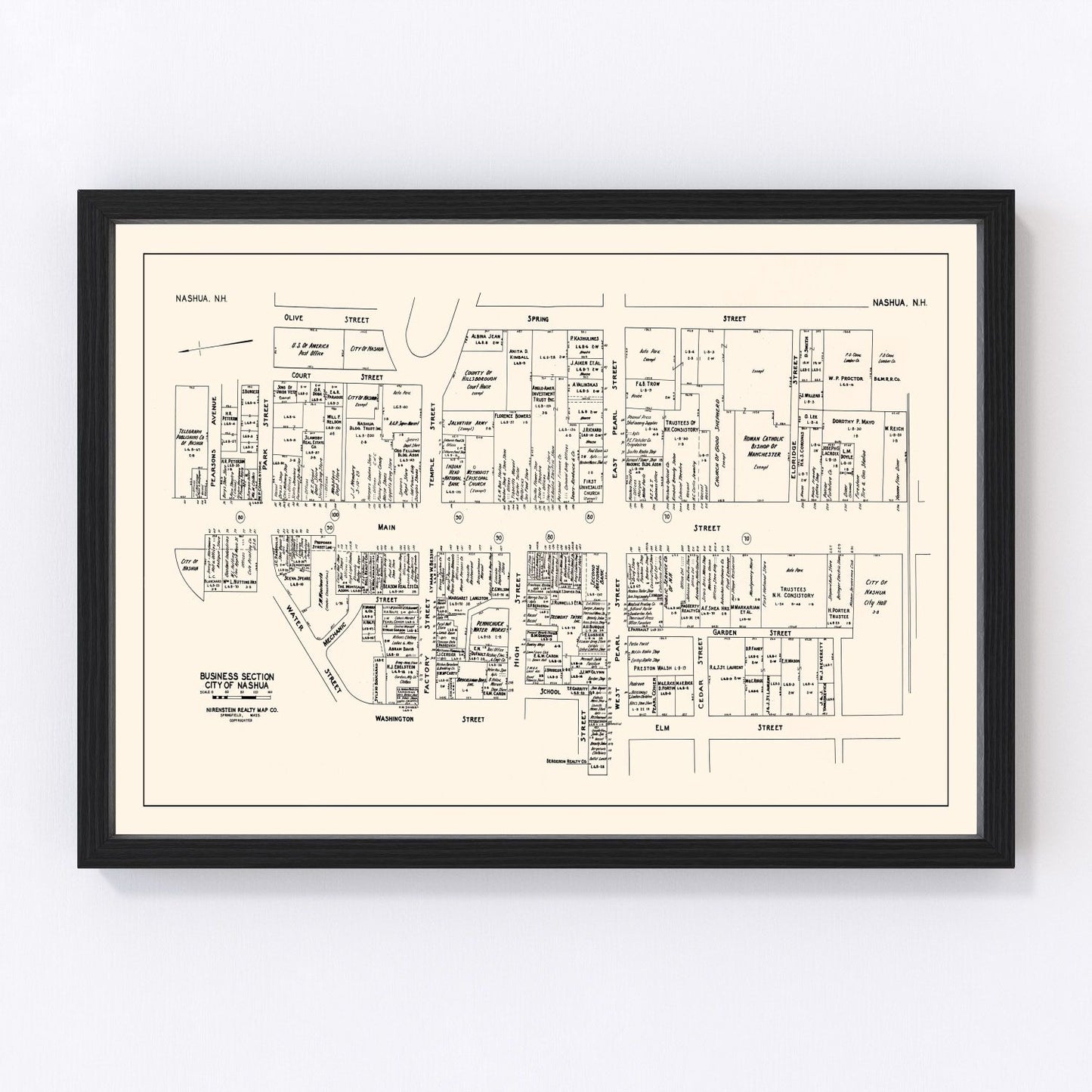 Vintage Map of Nashua, NH Business Section 1946