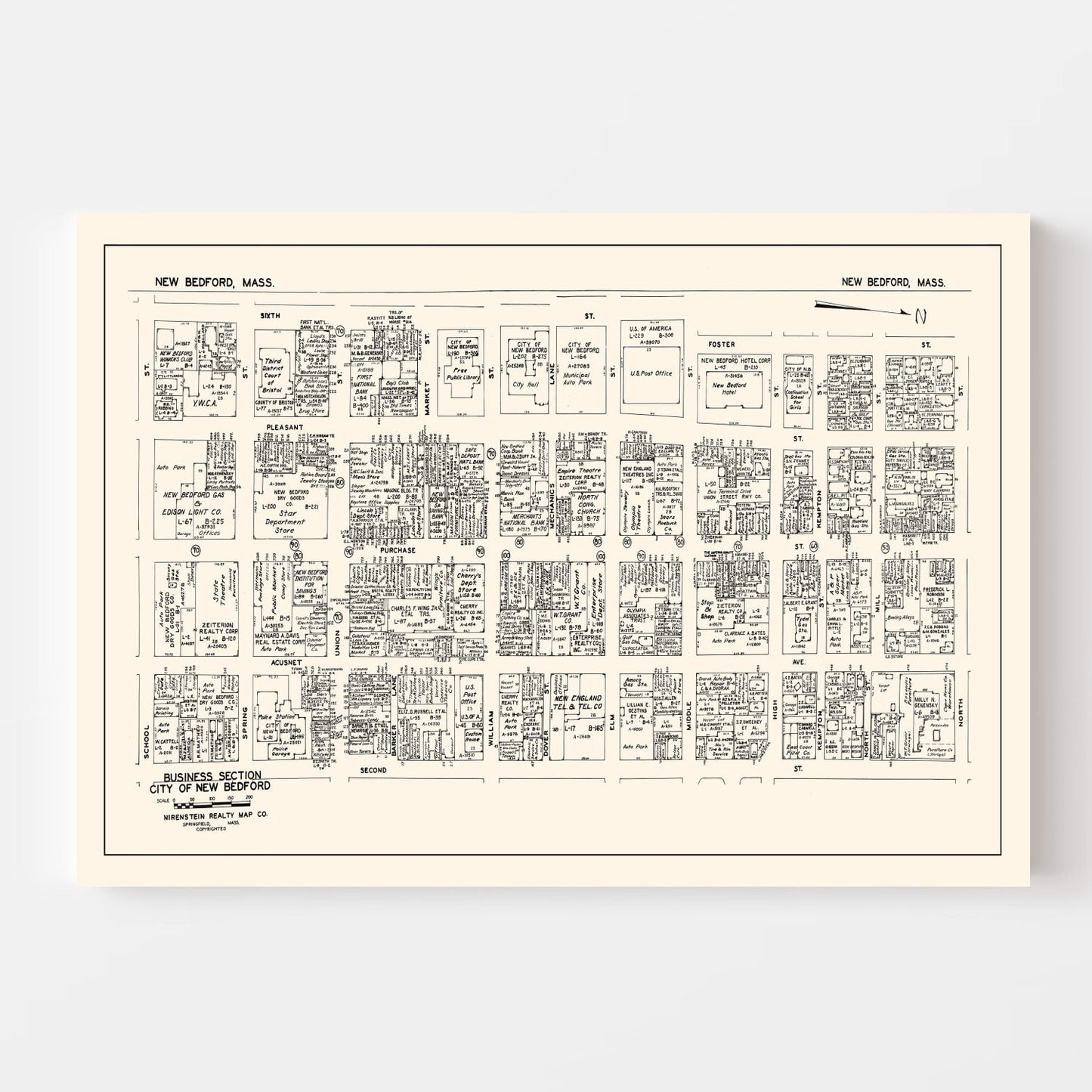 Vintage Map of New Bedford, MA Business Section 1946