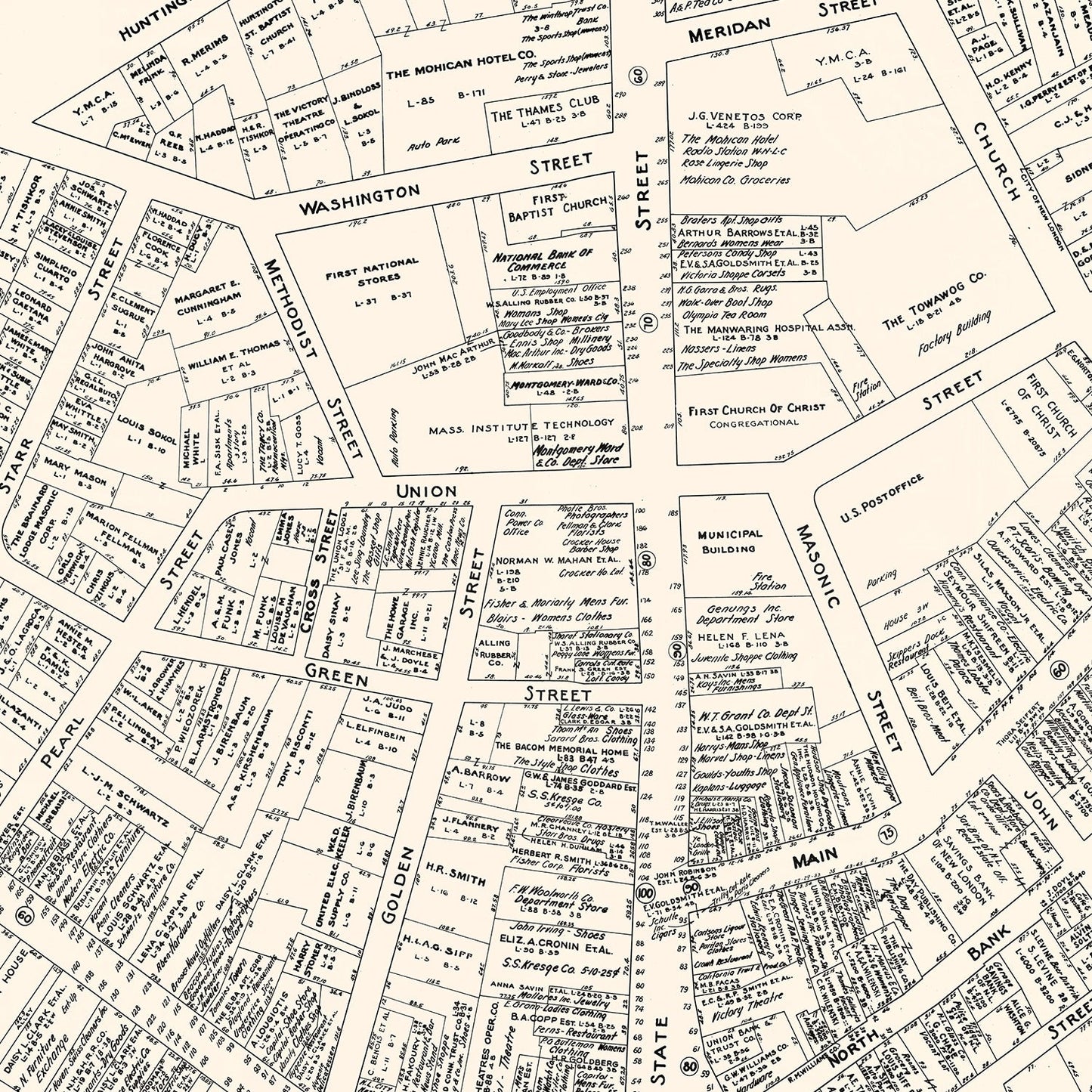 Vintage Map of New London, CT Business Section 1946