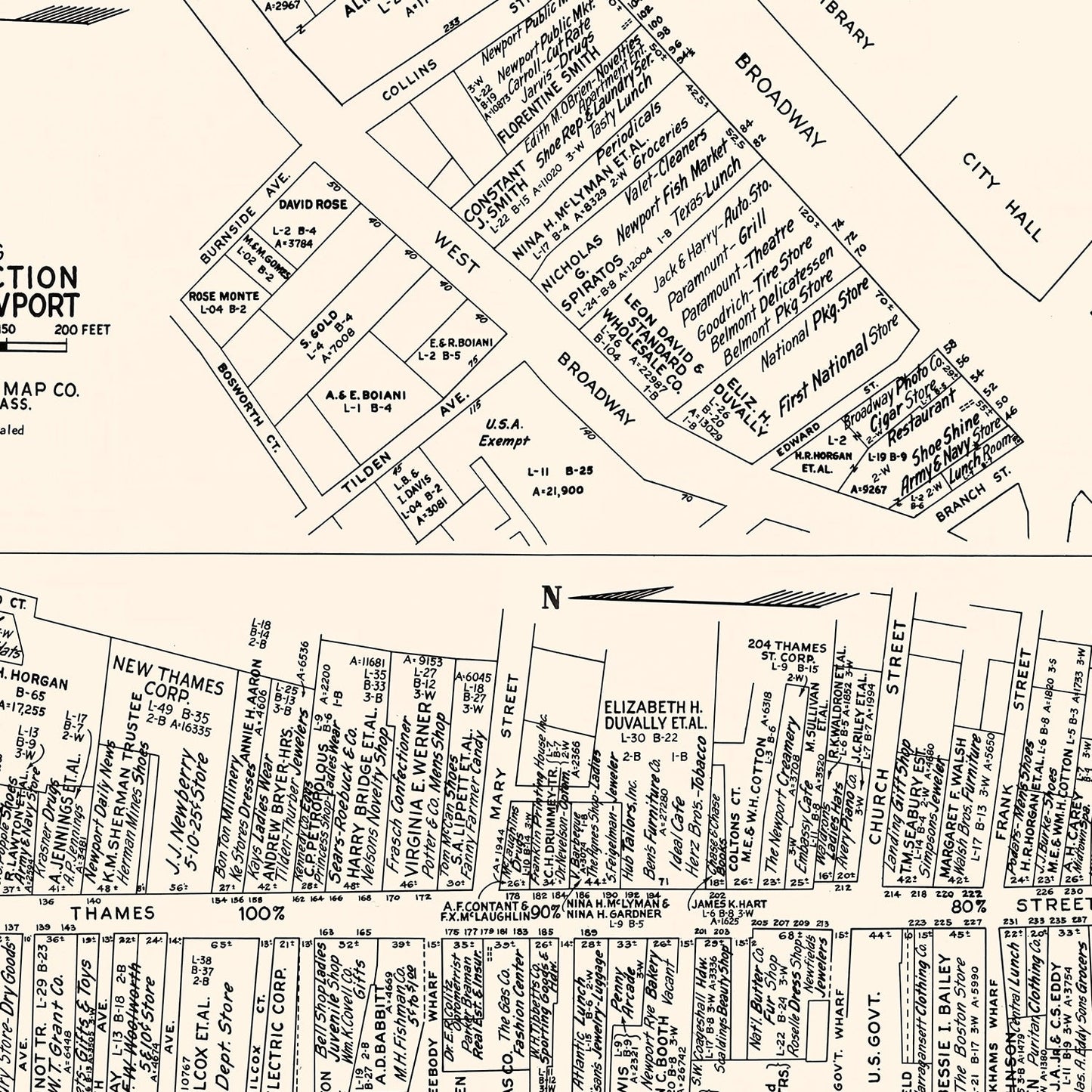 Vintage Map of Newport, RI Business Section 1946