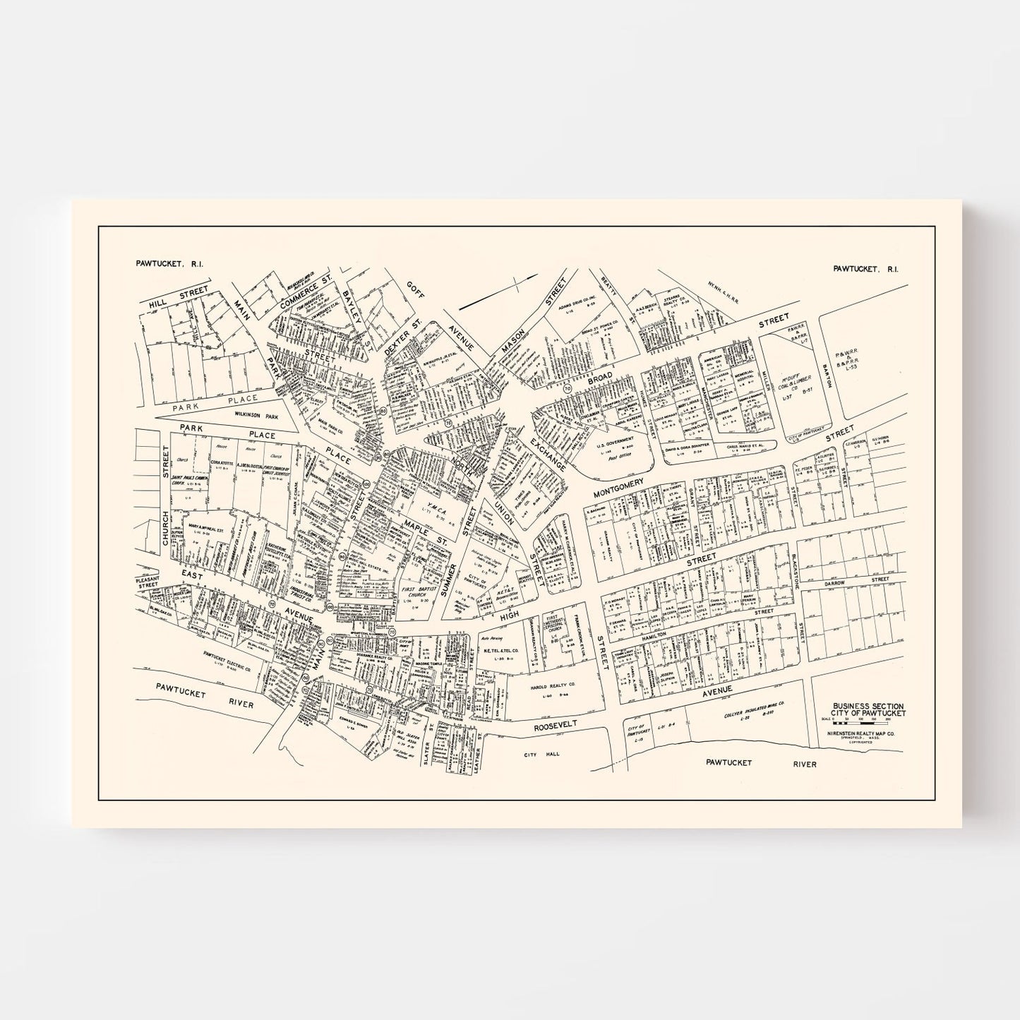 Vintage Map of Pawtucket, RI Business Section 1946