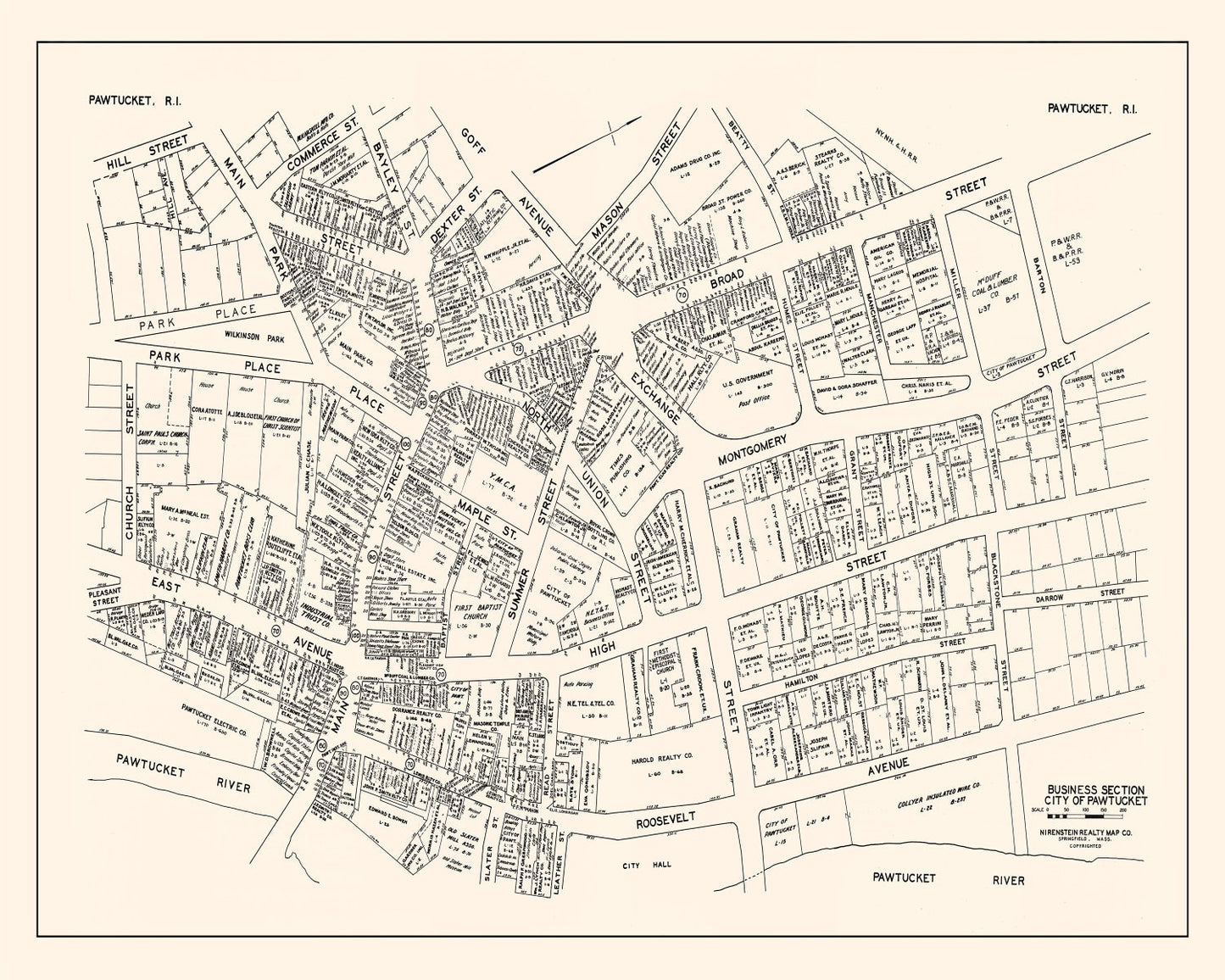 Vintage Map of Pawtucket, RI Business Section 1946