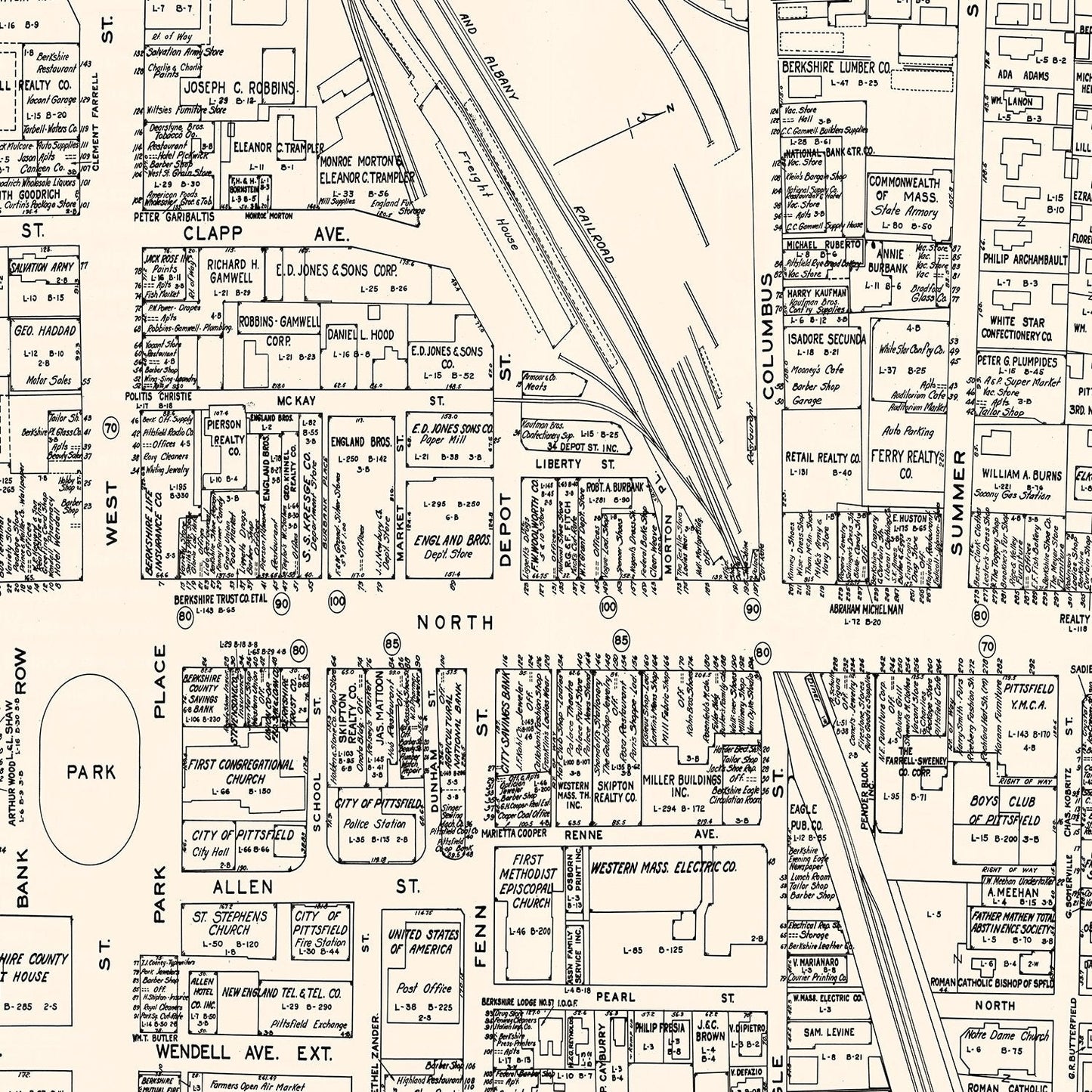 Vintage Map of Pittsfield, MA Business Section 1946