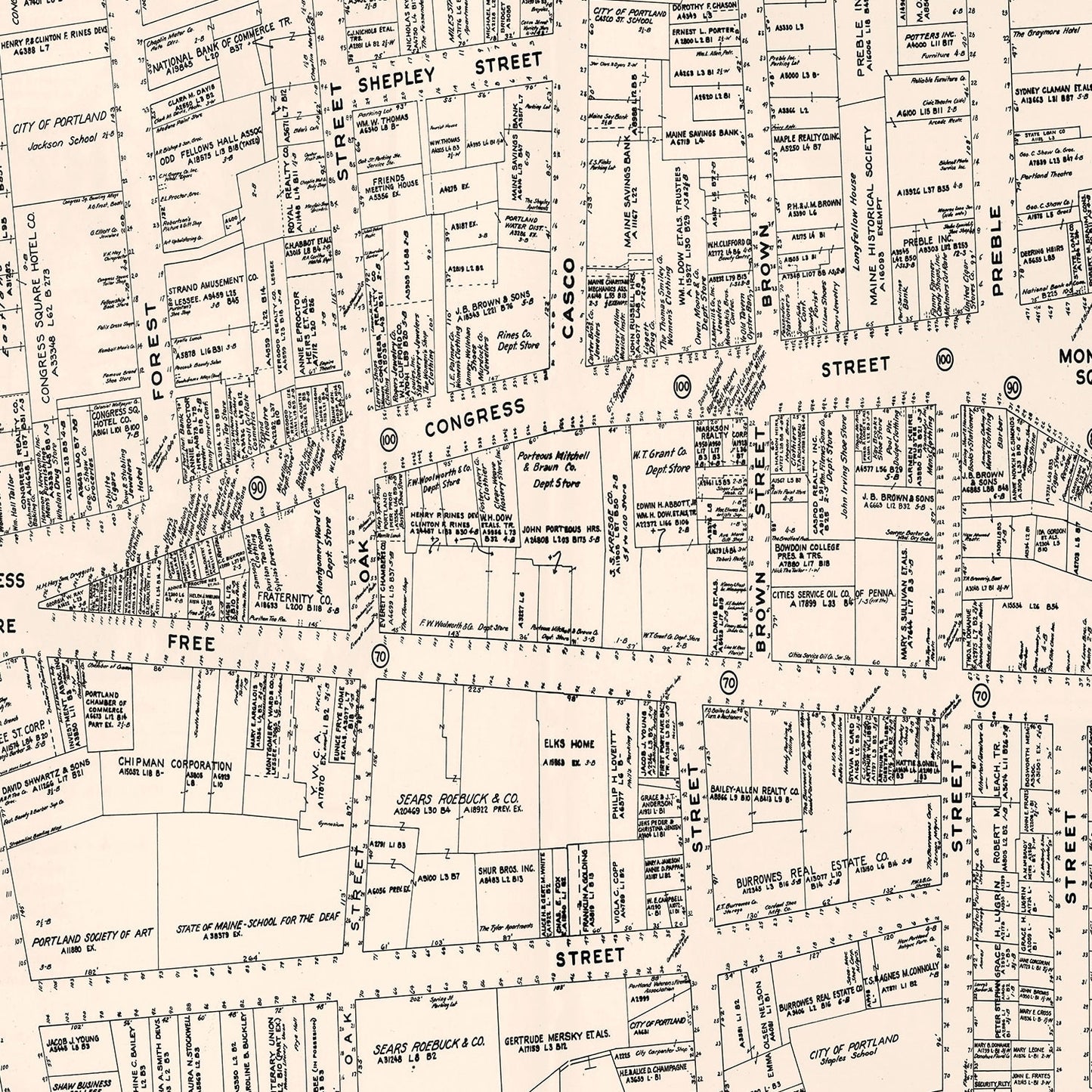 Vintage Map of Portland, ME Business Section 1946