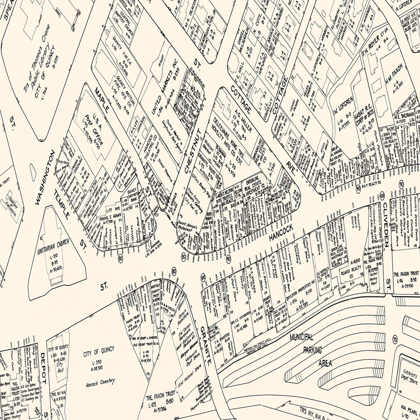 Vintage Map of Quincy, MA Business Section 1946
