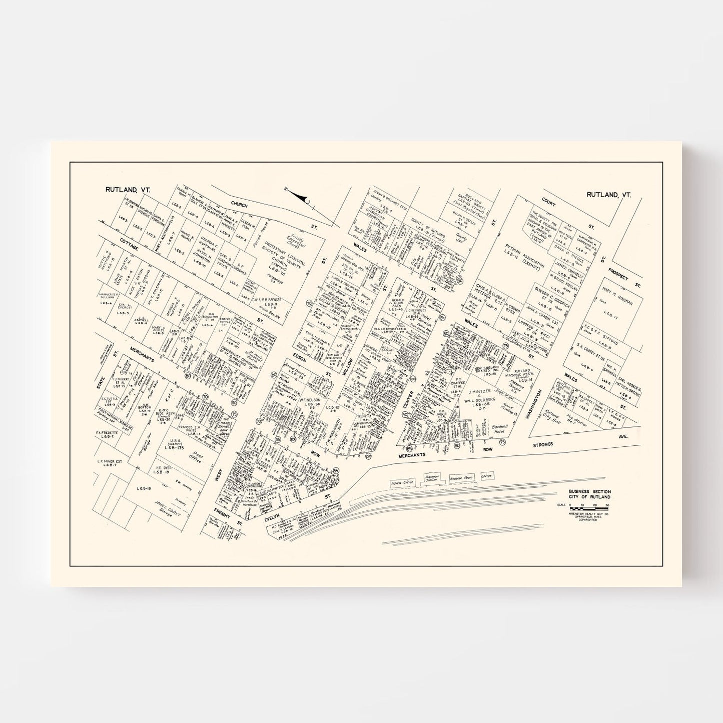 Vintage Map of Rutland, VT Business Section 1946