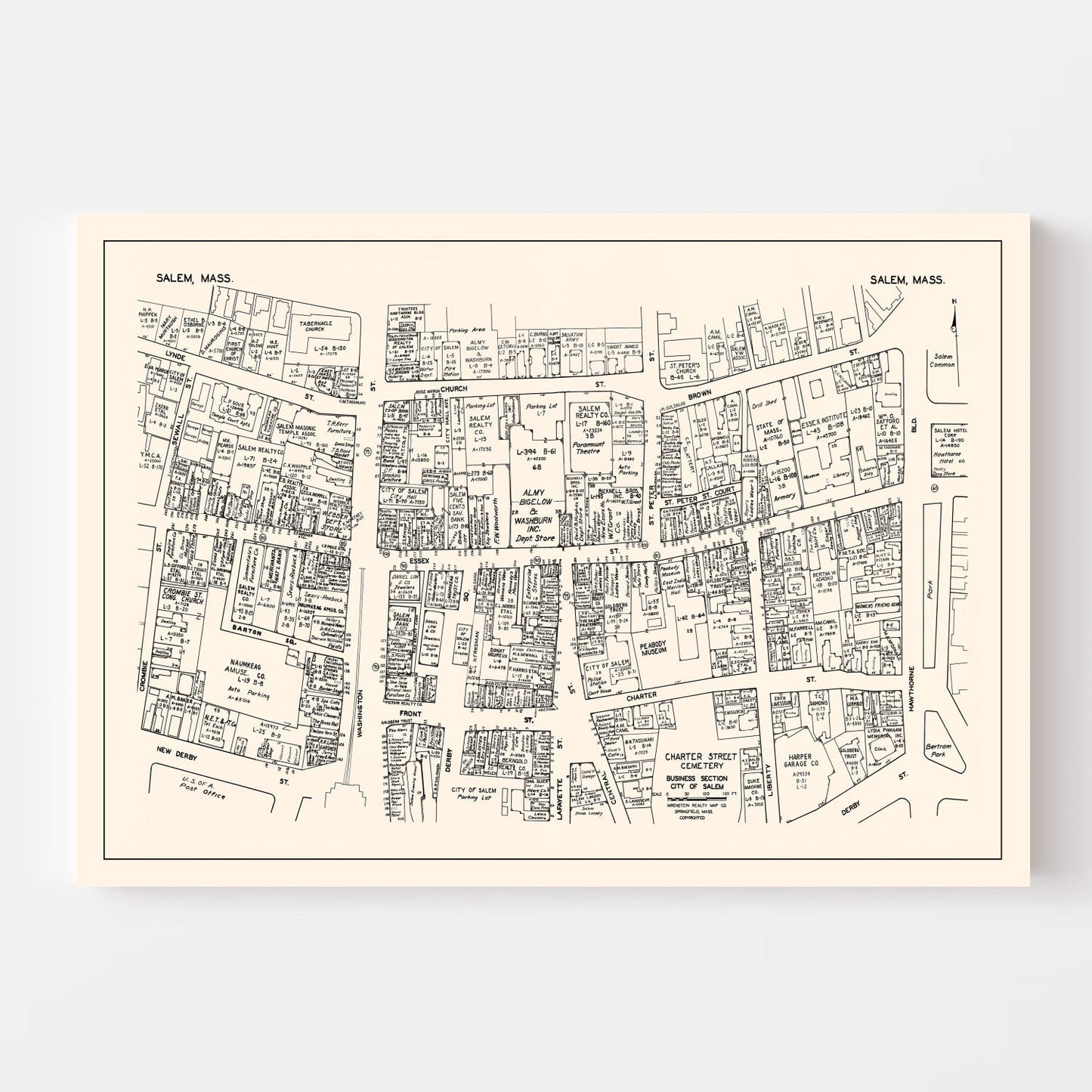 Vintage Map of Salem, MA Business Section 1946