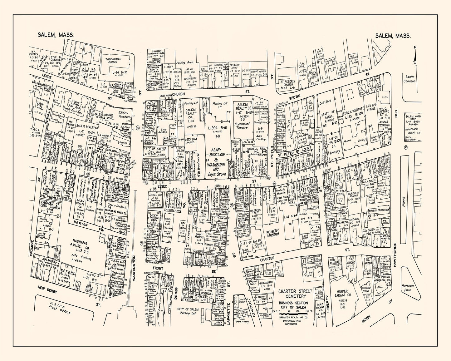Vintage Map of Salem, MA Business Section 1946