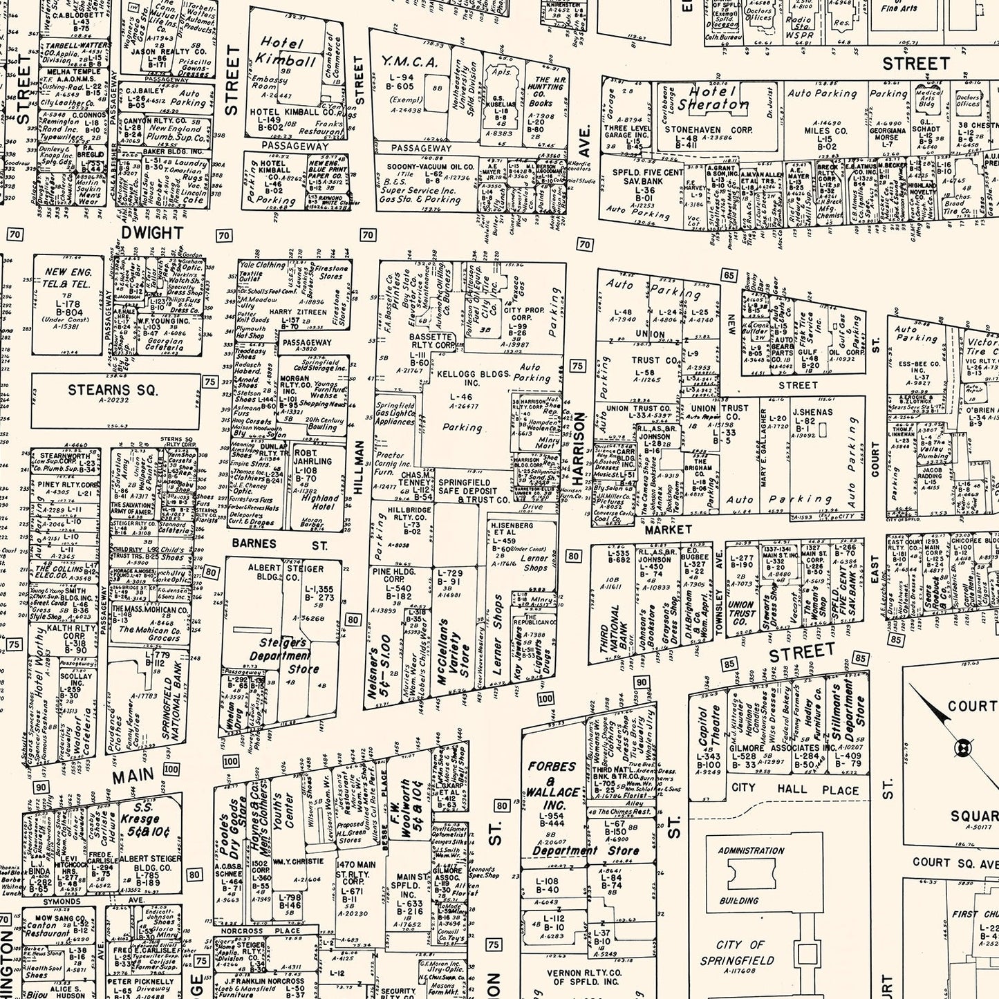 Vintage Map of Springfield, MA Business Section 1946