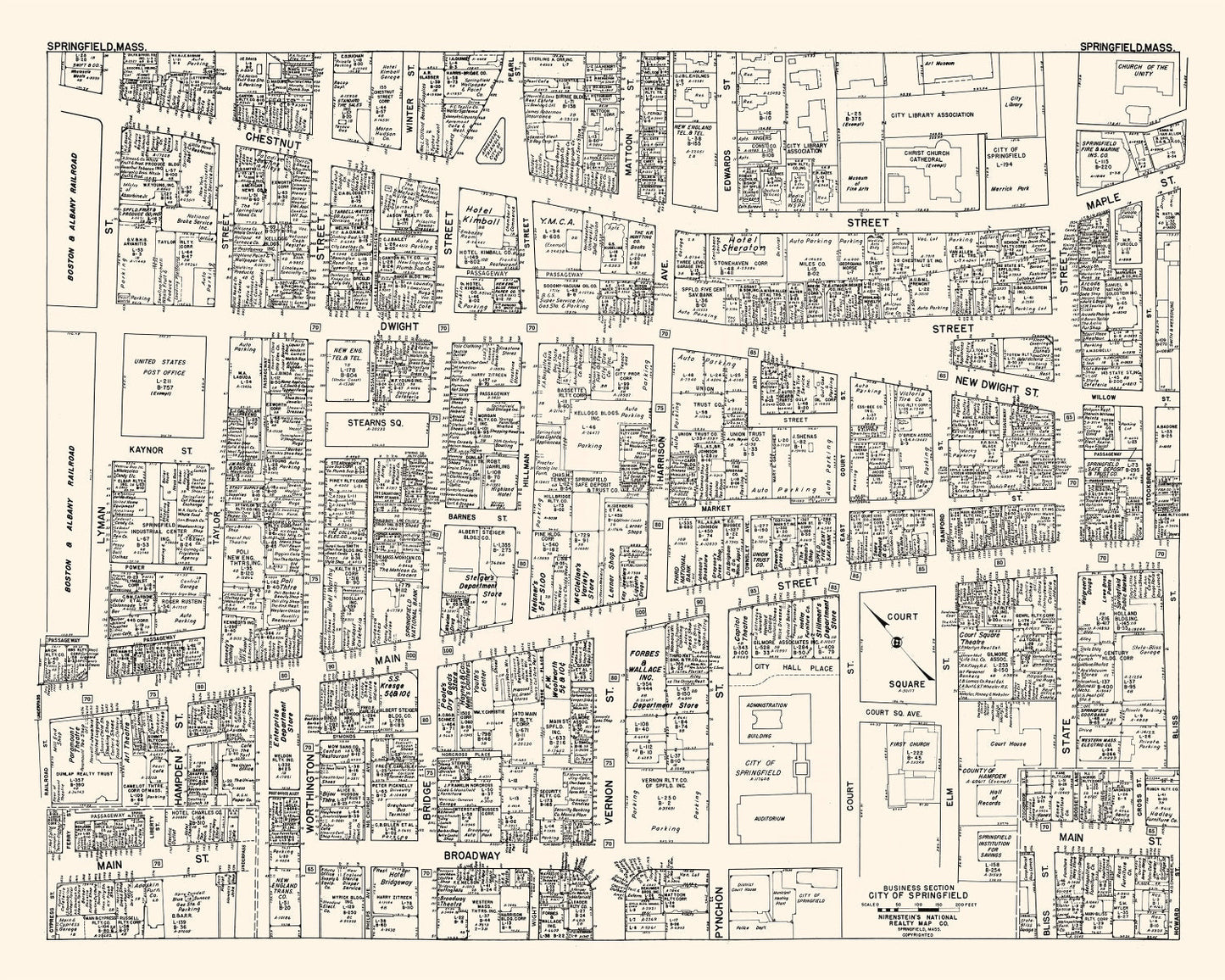 Vintage Map of Springfield, MA Business Section 1946