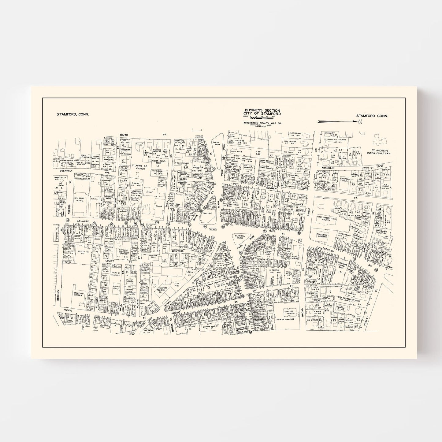 Vintage Map of Stamford, CT Business Section 1946