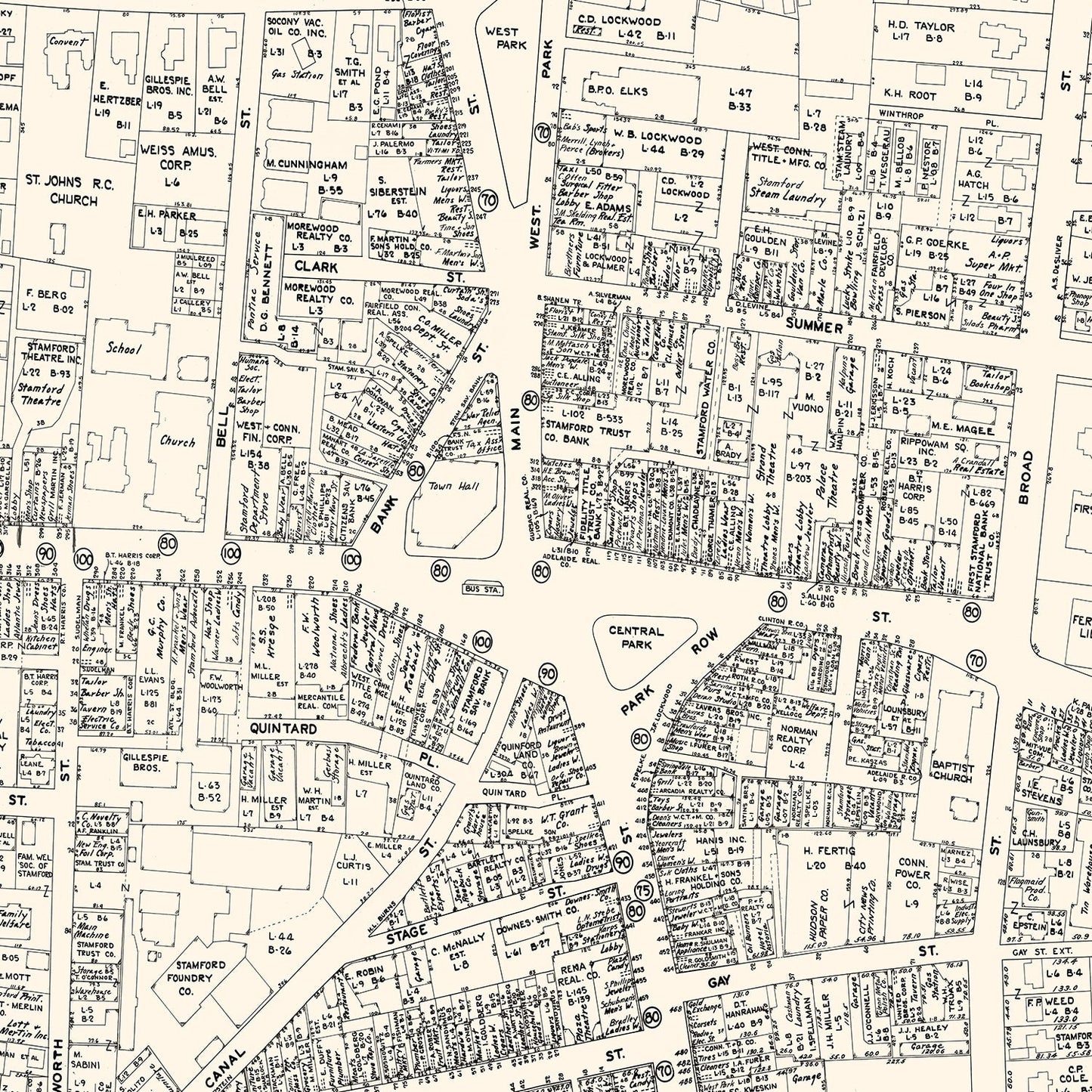 Vintage Map of Stamford, CT Business Section 1946
