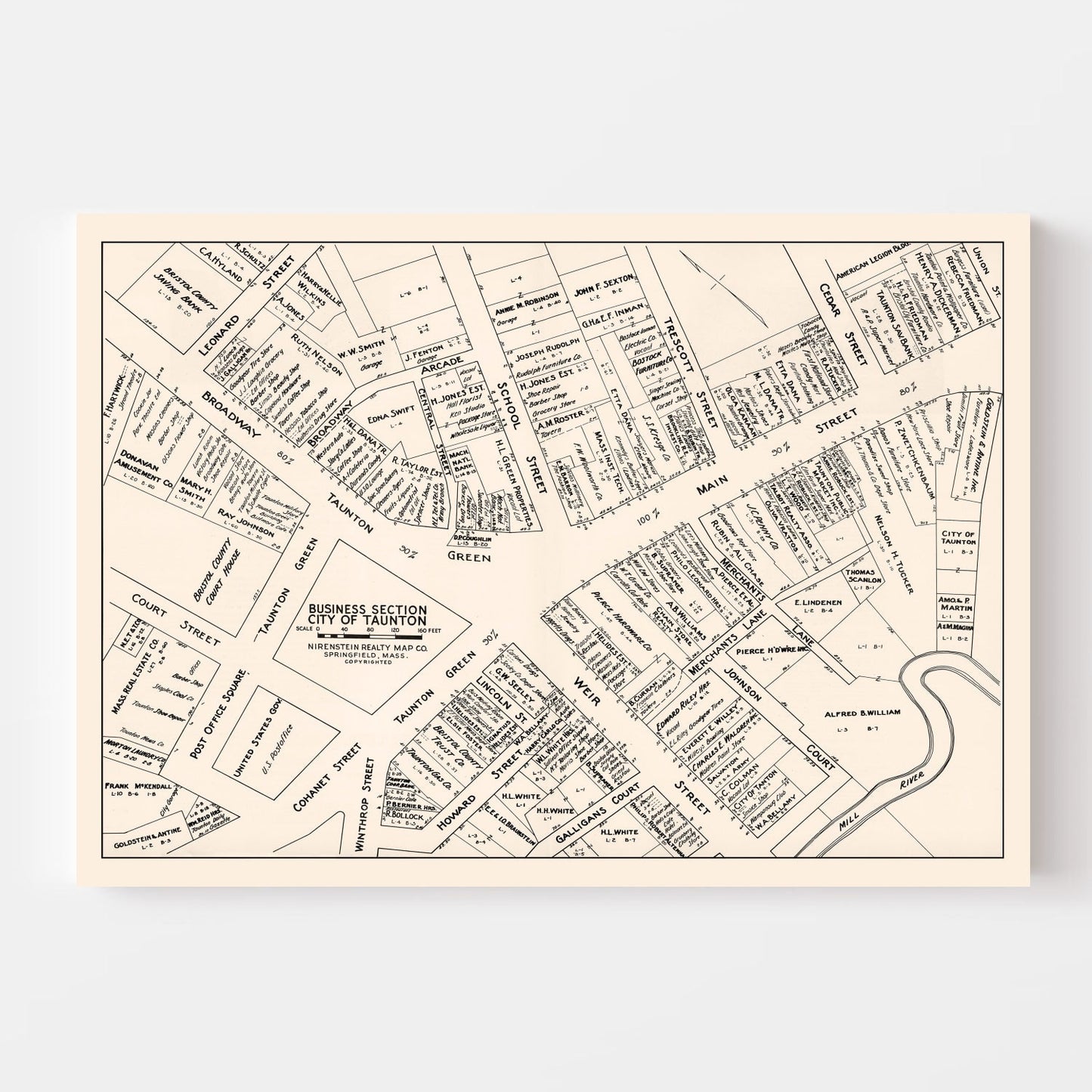 Vintage Map of Taunton, MA Business Section 1946