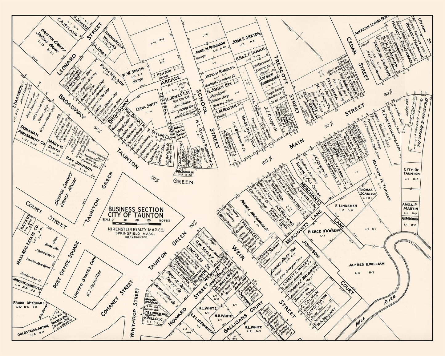 Vintage Map of Taunton, MA Business Section 1946