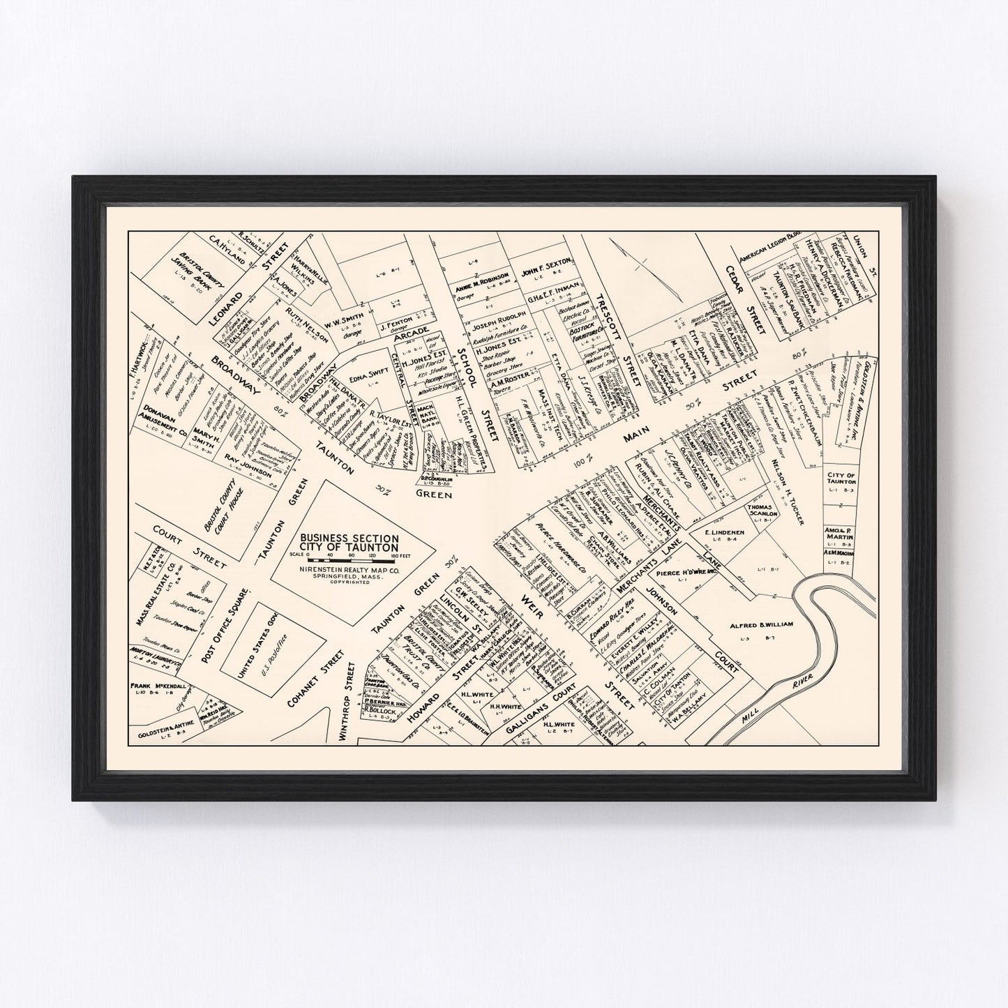 Vintage Map of Taunton, MA Business Section 1946