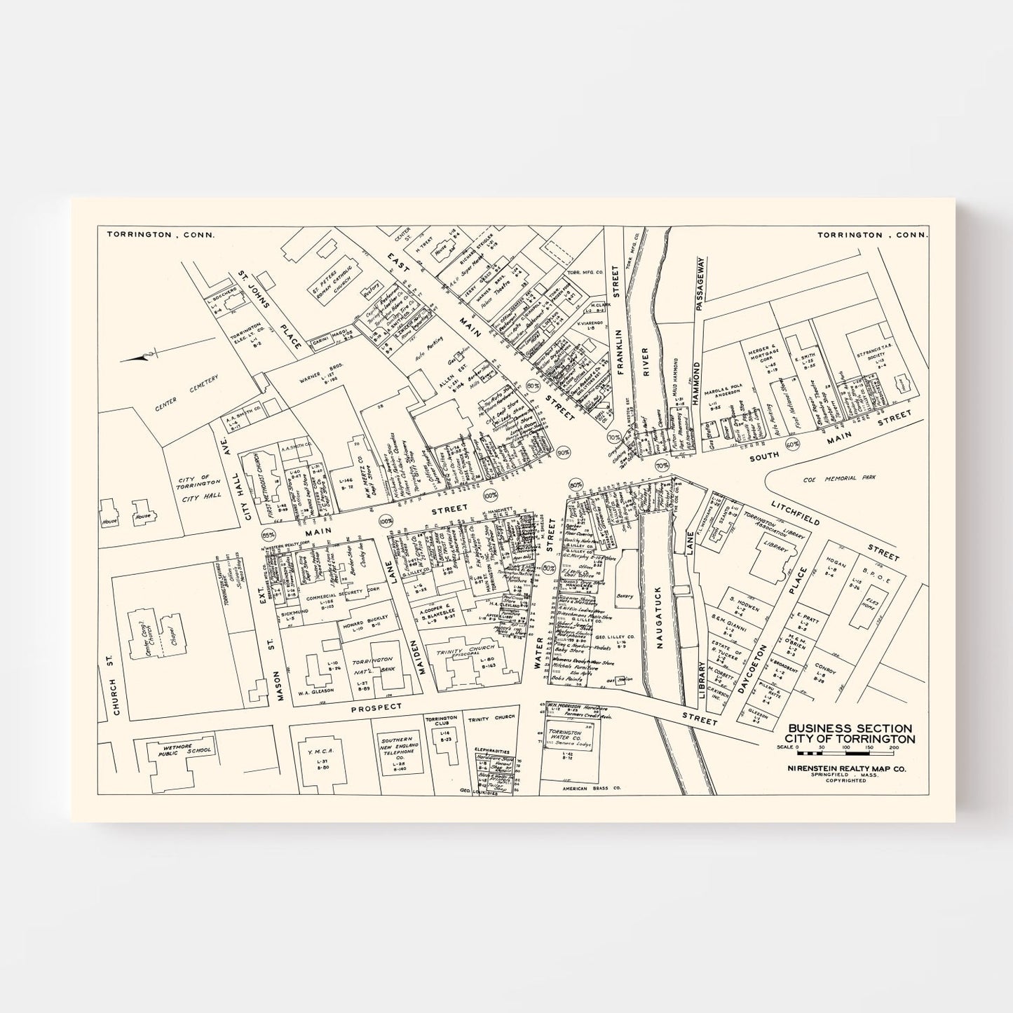 Vintage Map of Torrington, CT Business Section 1946