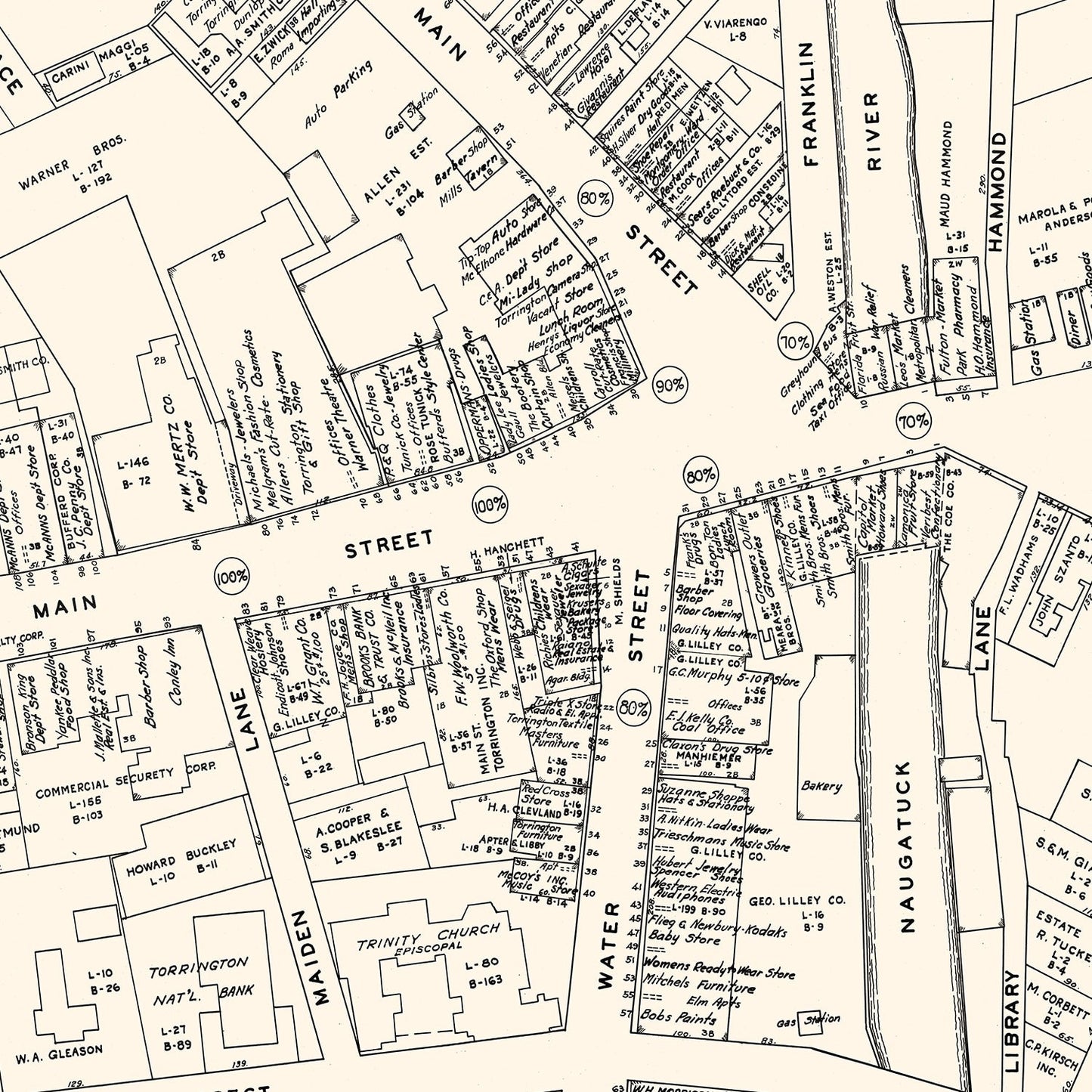 Vintage Map of Torrington, CT Business Section 1946