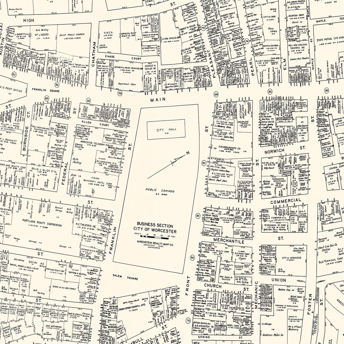 Vintage Map of Worcester, MA Business Section 1946